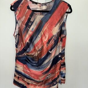 Lafayette 148 Tank Top Womens 12 Blue Pink Abstract Silk Sleeveless Blouse Artsy